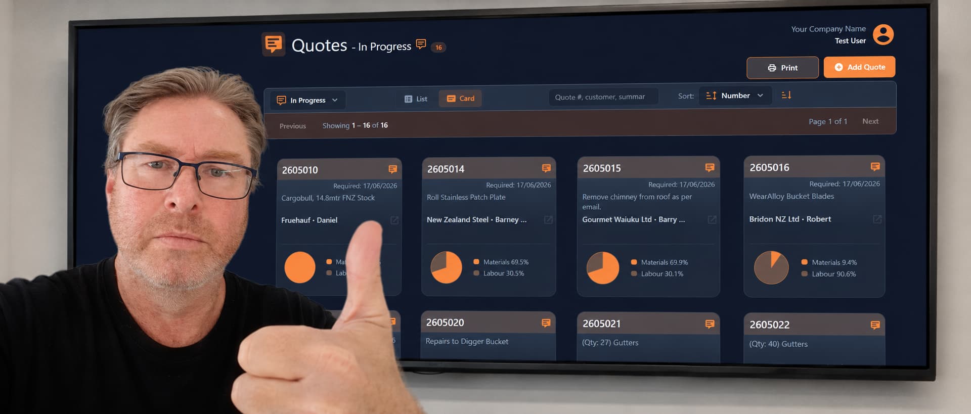 Person giving thumbs up beside Big Vision Quotes software on screen