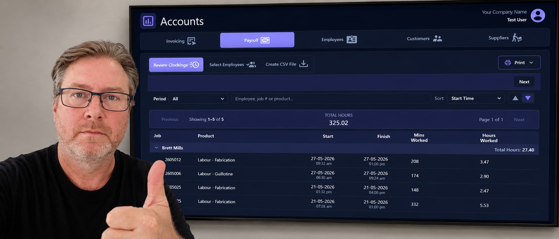 Big Vision Accounts payroll screen showing employee clockings review